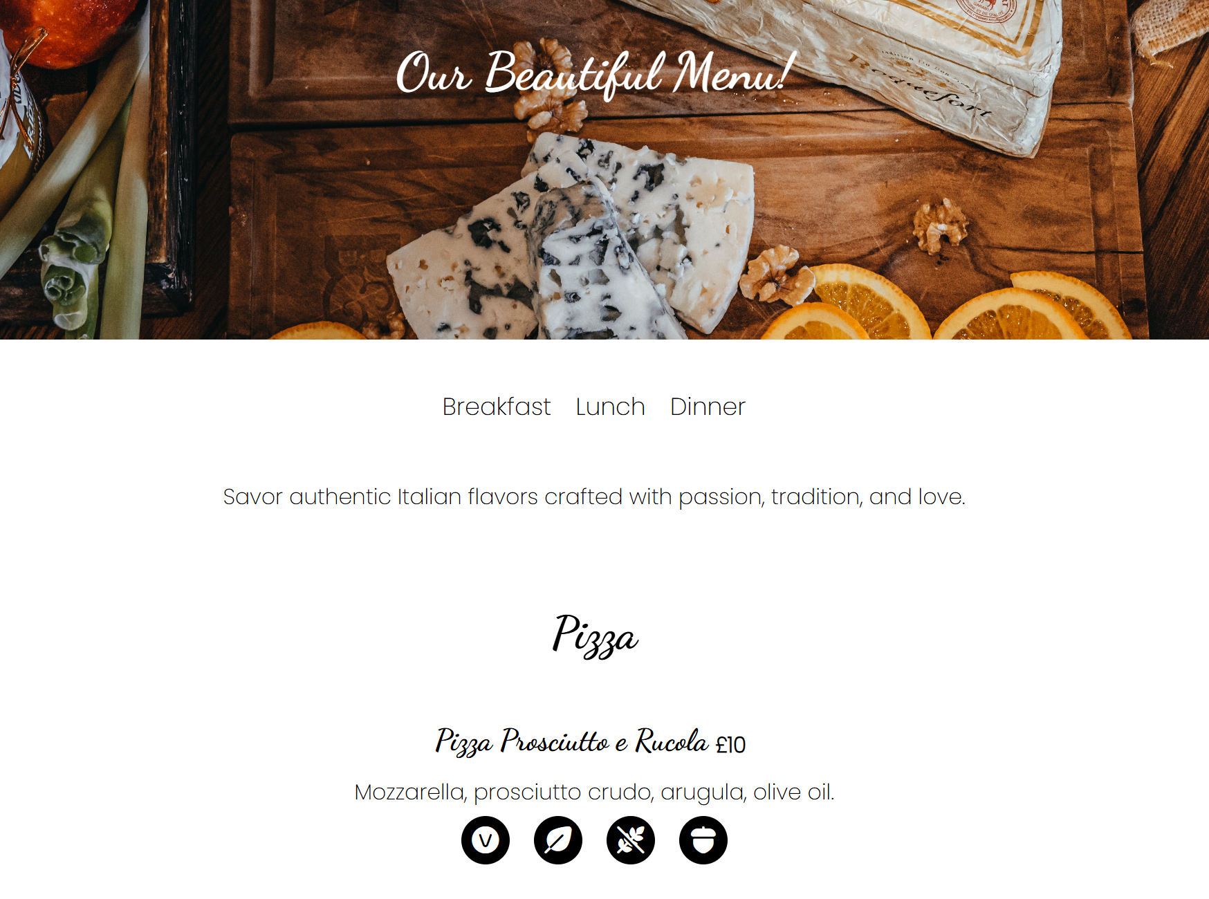 Picture of a food menu website.